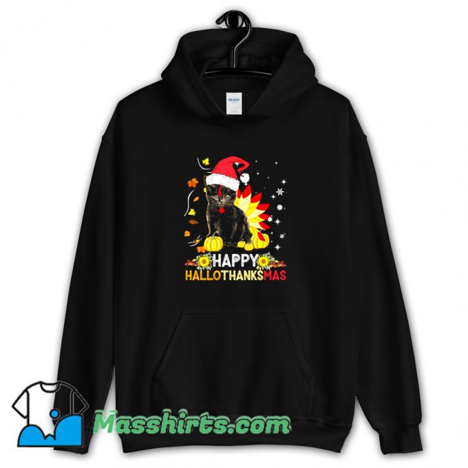 Black Cat Happy Hallothanksmas Hoodie Streetwear On Sale